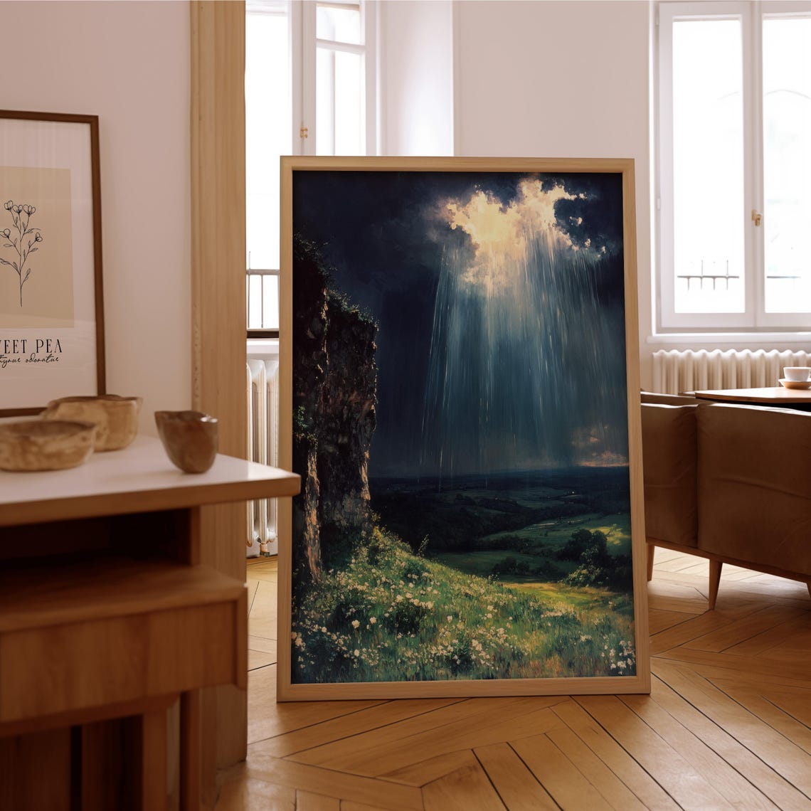 Dramatic Sunbeams Through Storm Clouds Valley Impressionist Poster