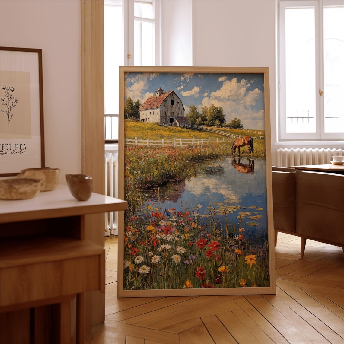 Country Barn Horse Pond Wildflowers White Fence Painting Poster