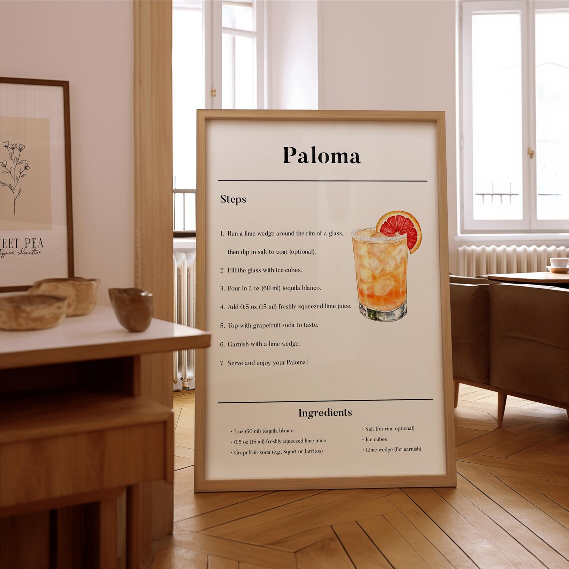 Paloma Cocktail Recipe Poster, Classic Drink Guide