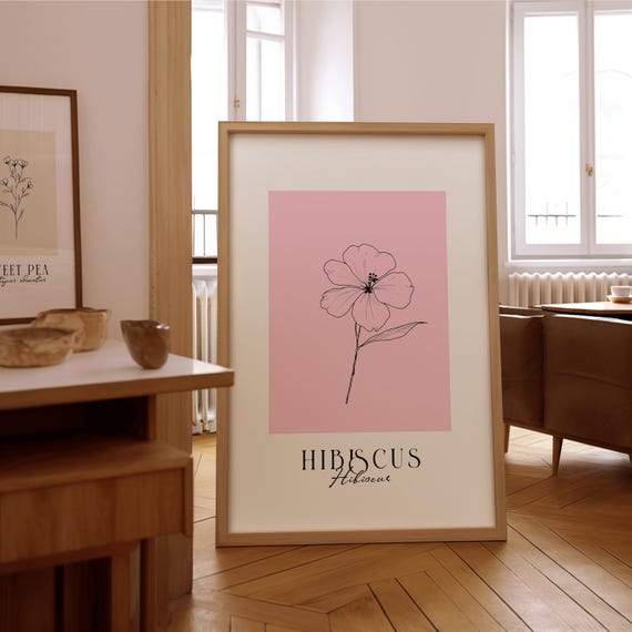 Hibiscus Line Art Print Soft Pink Minimalist Floral Decor Framed Or Unframed Poster Gift For Plant Nature Lovers