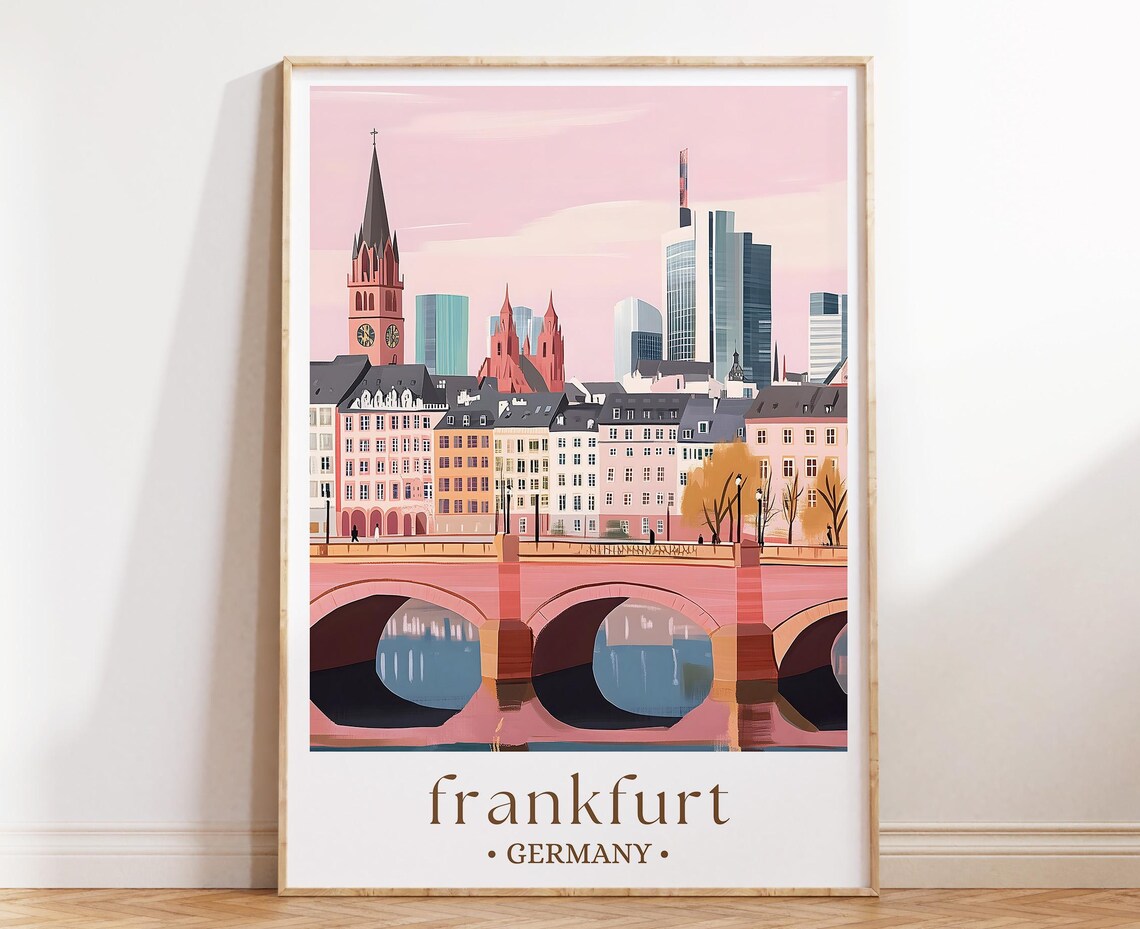 Frankfurt Germany Skyline Alte Brucke Bridge Riverside Travel Poster