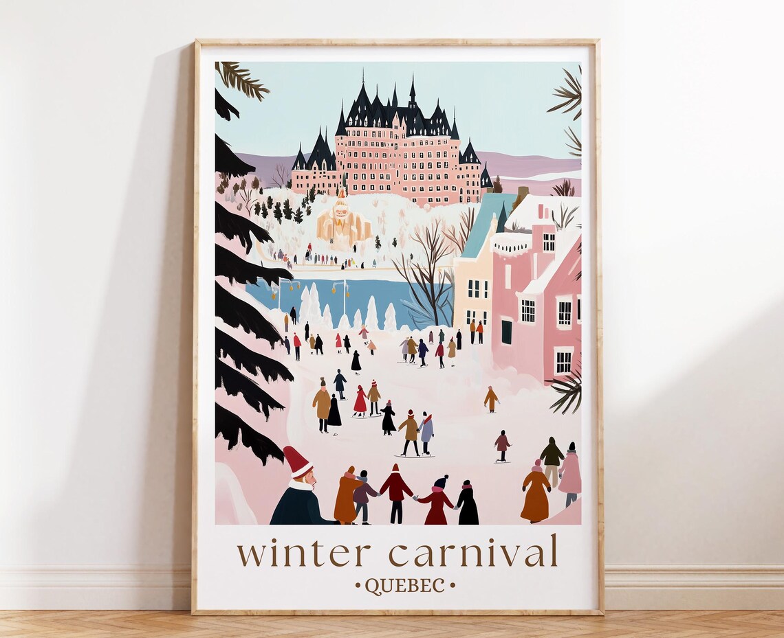 Quebec Winter Carnival Snowy Castle Ice Skaters Festive Poster