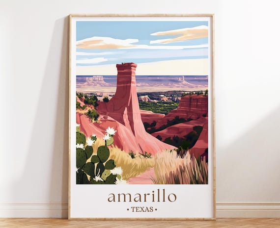 Amarillo Texas Wall Art Western Travel Poster Route 66 Landscape Print Desert Town Decor Panhandle Illustration