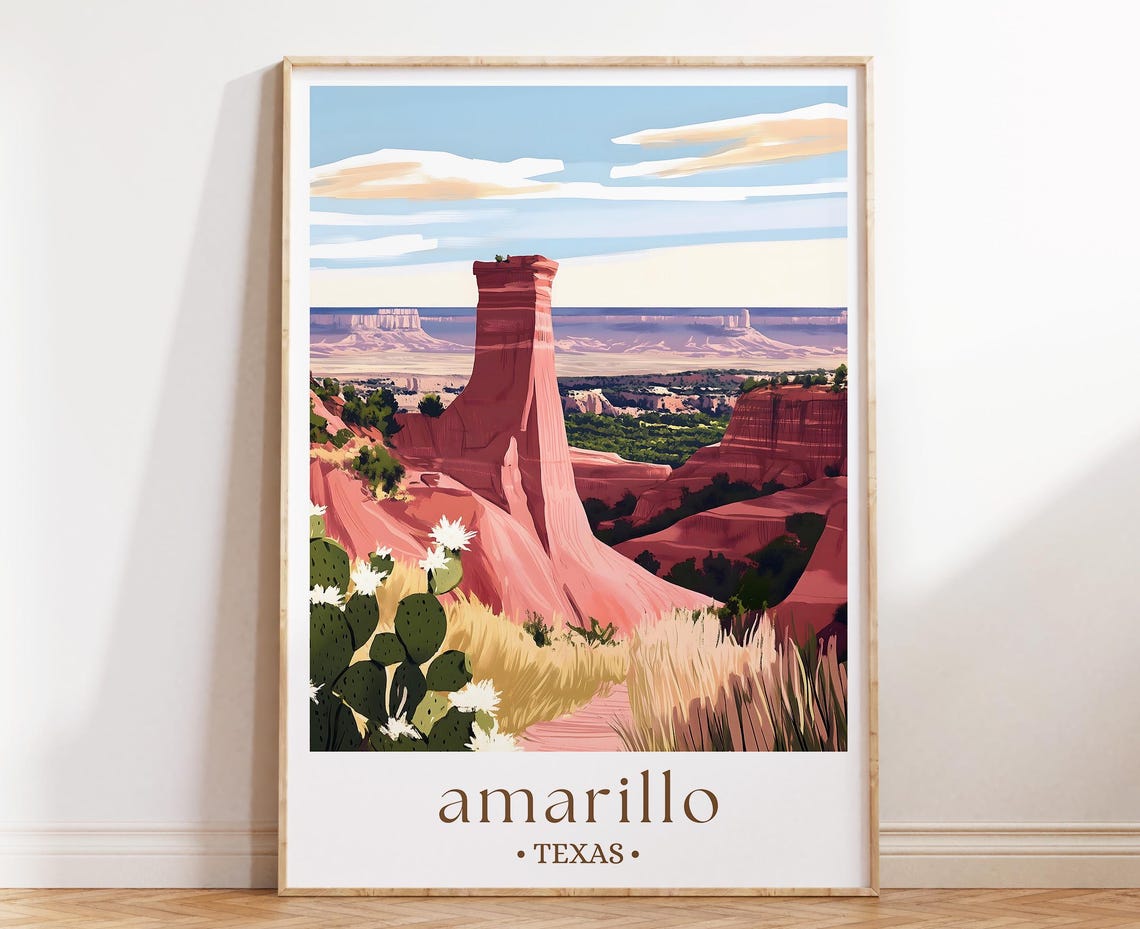 Amarillo Texas Red Rock Canyon Desert Cactus Illustrated Travel Poster