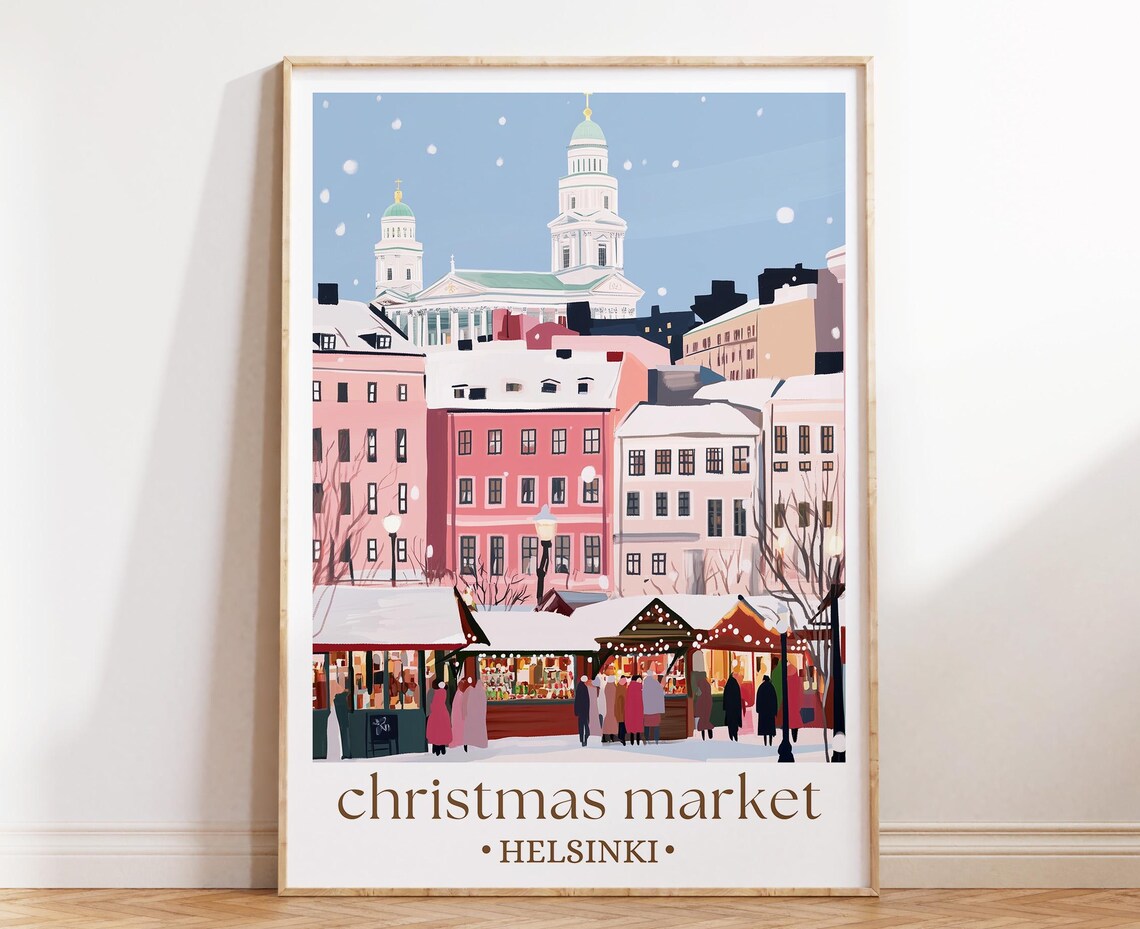 Helsinki Christmas Market Snowy Stalls Finland Winter Travel Poster