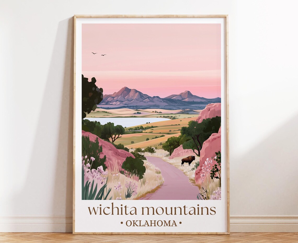 Wichita Mountains Oklahoma Prairie Bison Lake Sunset Travel Poster