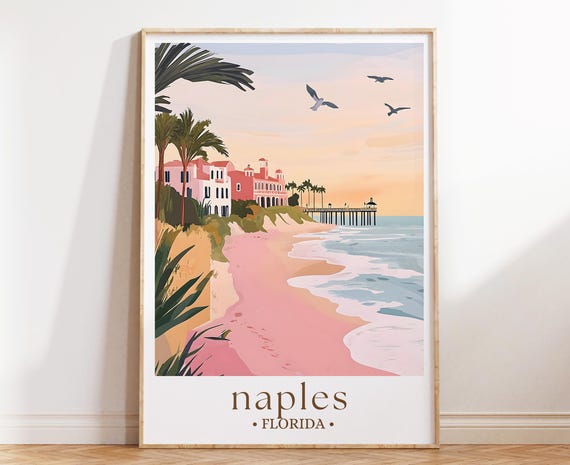 Naples Florida Travel Poster Coastal Beach Wall Art Tropical Landscape Illustration Ocean Scene Decor