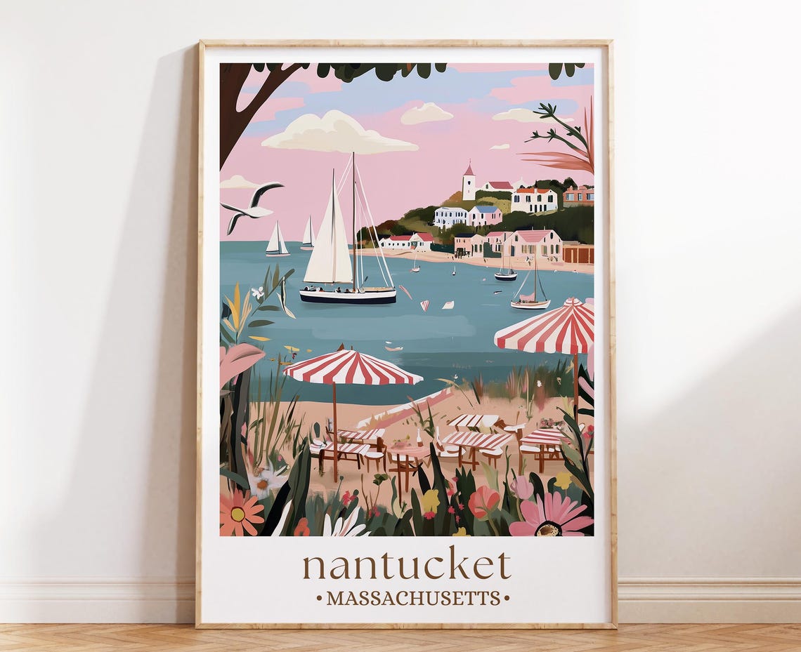 Nantucket Massachusetts Sailboat Beach Umbrellas Coastal Summer Poster