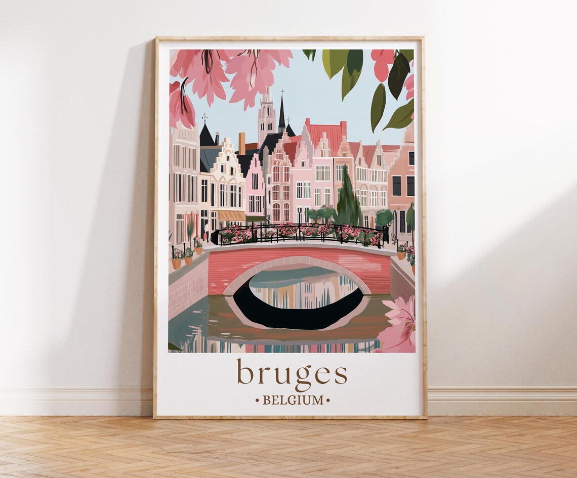 Bruges Belgium Travel Poster, Europe Cityscape
