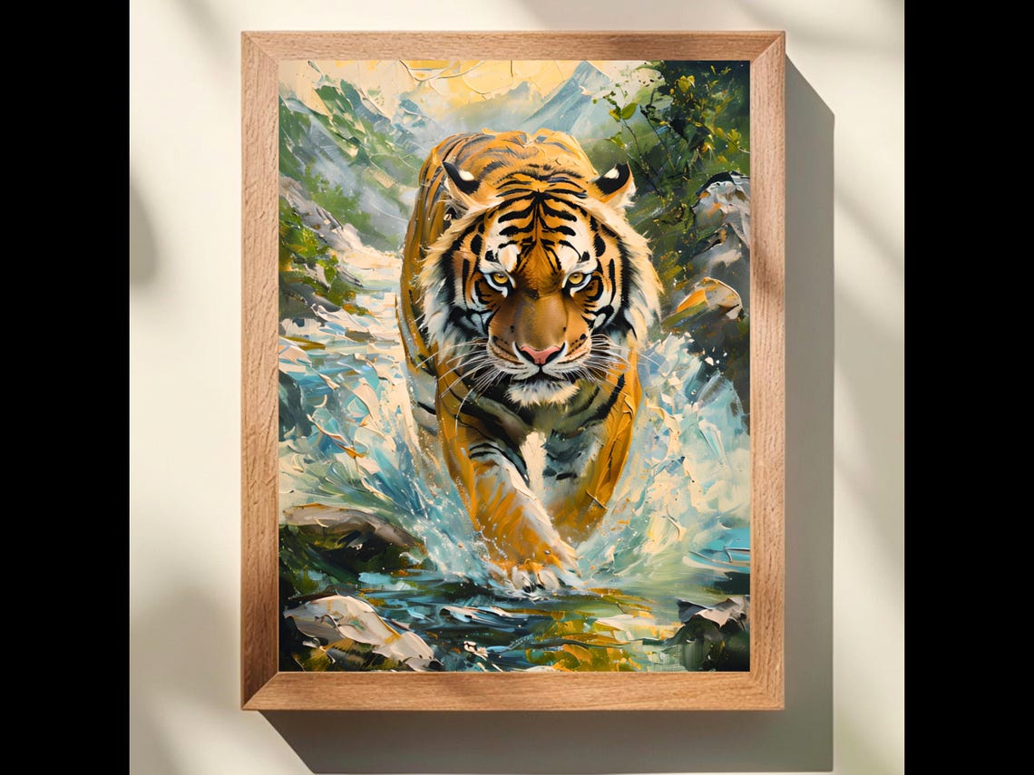 Siberian Tiger Wading Through Wild Water Impasto Wildlife Art Poster