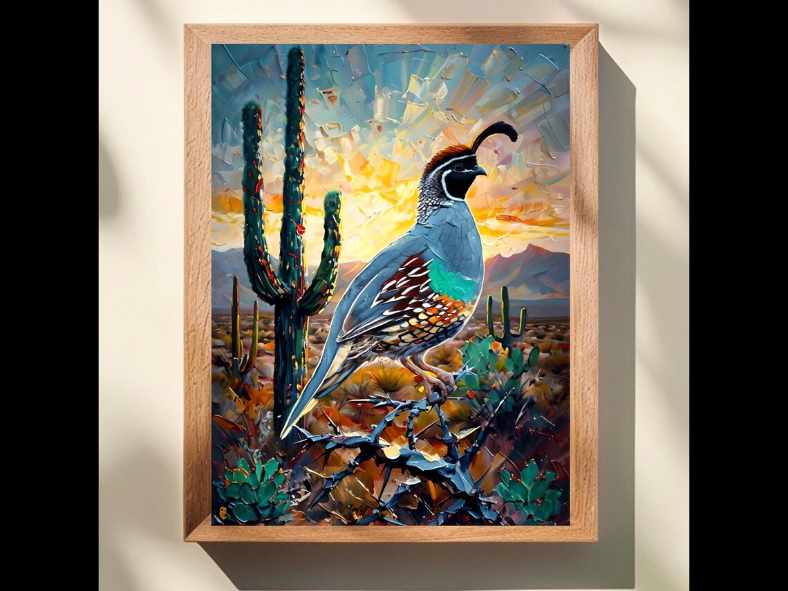 Quail Colorful Bird Art, Sonoran Desert Sunrise
