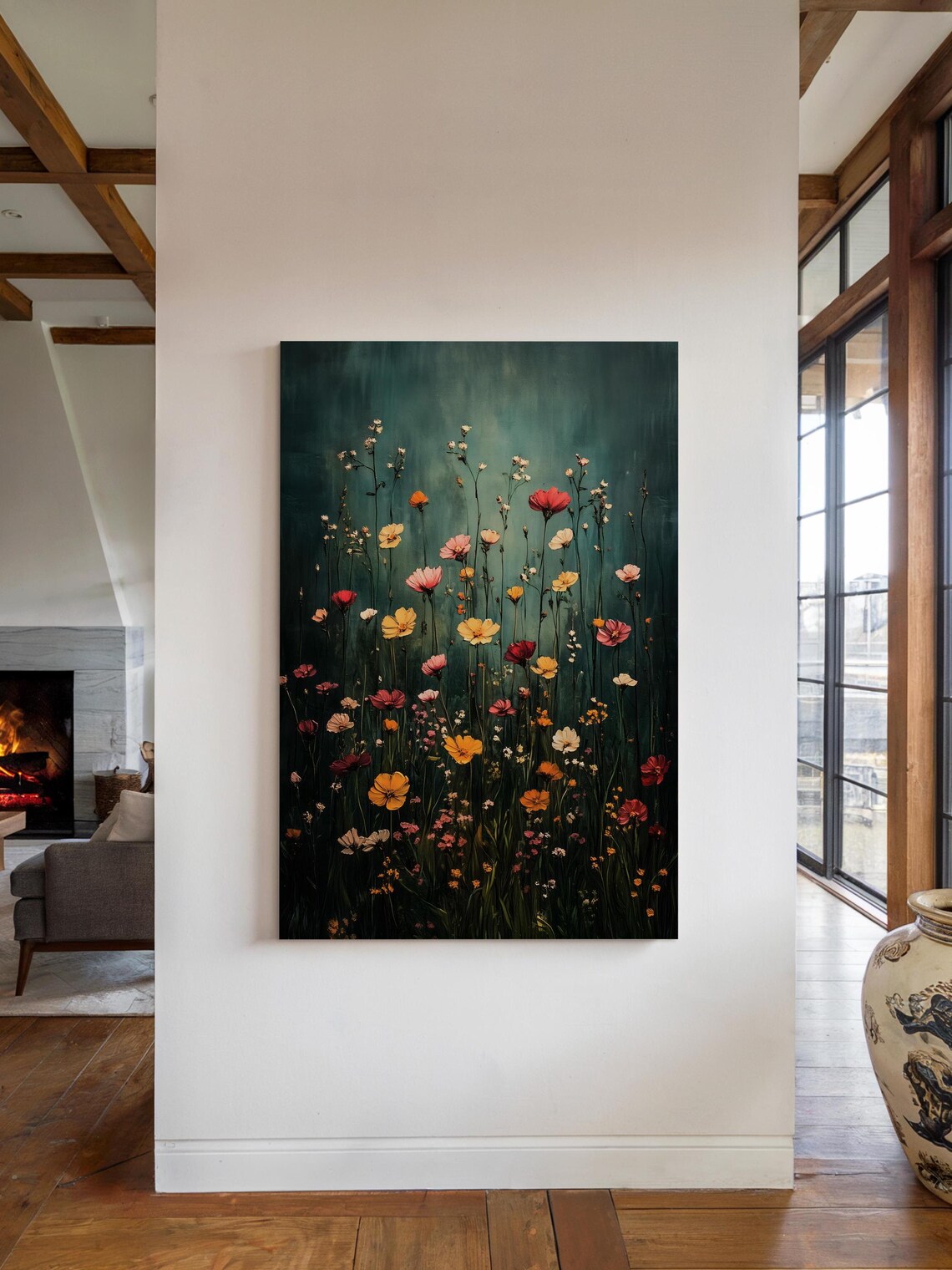 Wildflower Field Dark Green Moody Wall Art Print