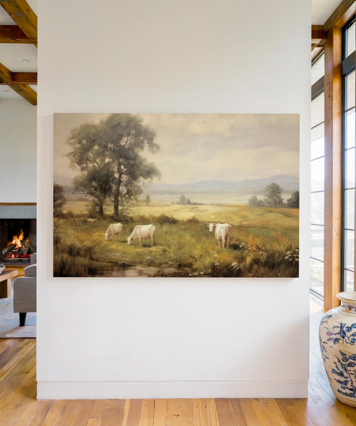 Vintage White Cows Grazing Green Meadow Trees Country Poster