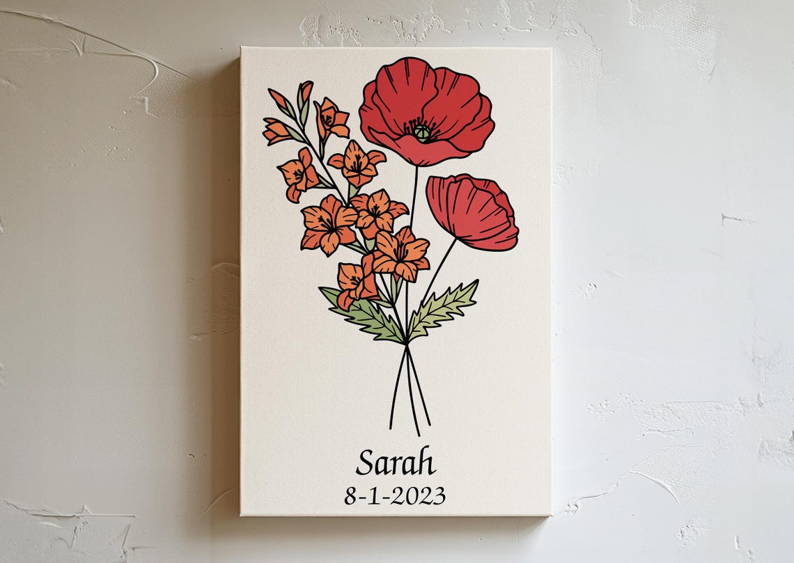 Personalized August Birth Flower Red Poppy Gladiolus Botanical Poster