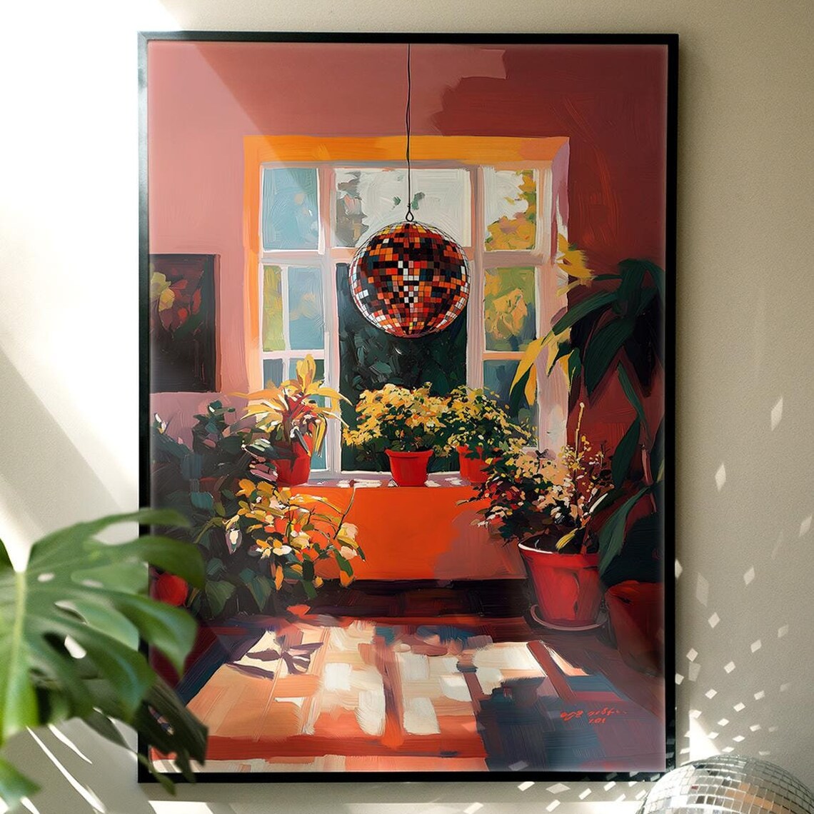 Disco Ball Window Houseplants Retro Eclectic Room Art Poster