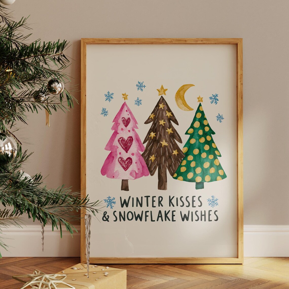Winter Kisses and Snowflake Wishes Colorful Christmas Trees Poster