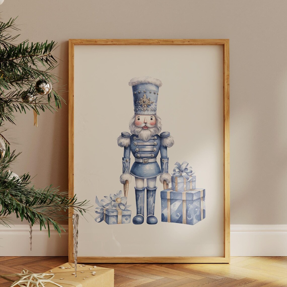 Pastel Blue Nutcracker Gifts Gold Frame Christmas Decor Poster - Image 4