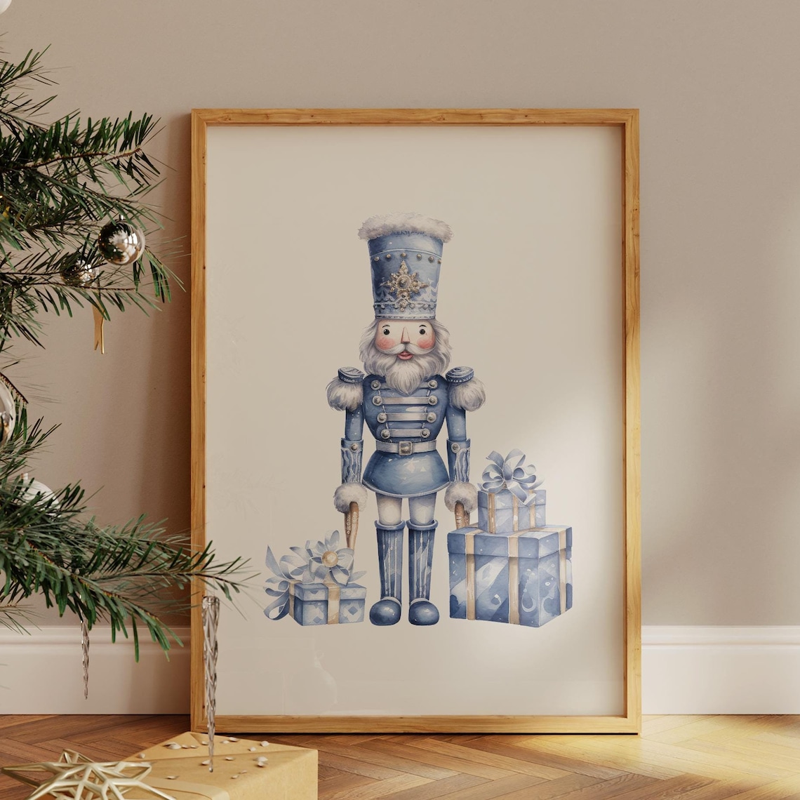 Pastel Blue Watercolor Nutcracker Soldier Gift Holiday Wall Art