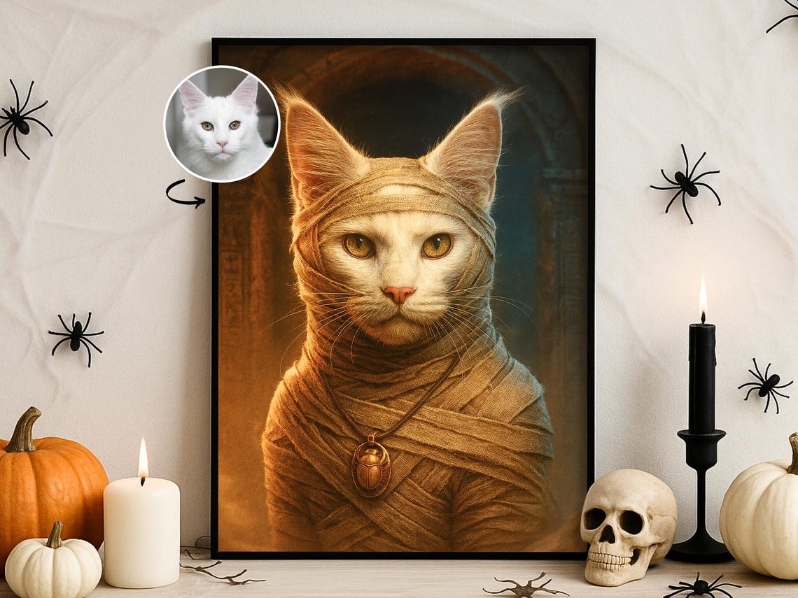 Custom Mummy Cat Portrait Egyptian Scarab Halloween Pet Poster