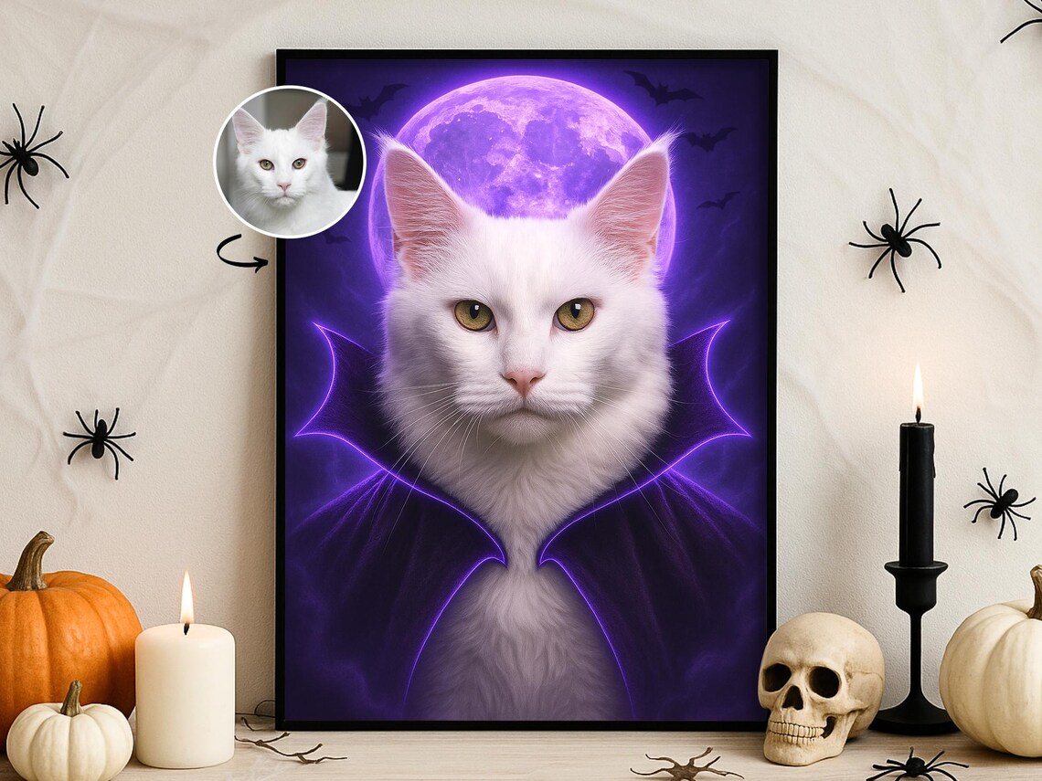 Halloween Custom Pet Portrait Neon Bat Wall Art Spooky Gothic Dog Cat Print