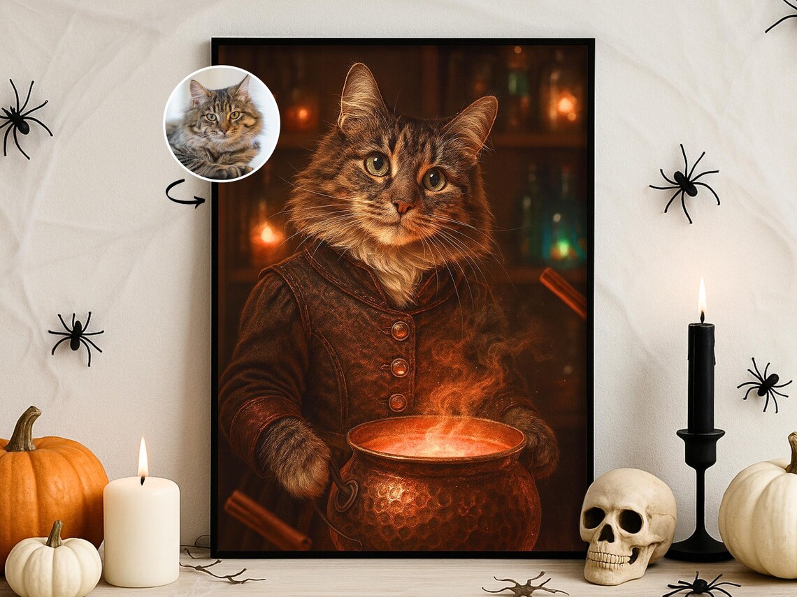 Custom Halloween Pet Portrait Pumpkin Spice Alchemist Art Poster Canvas Options