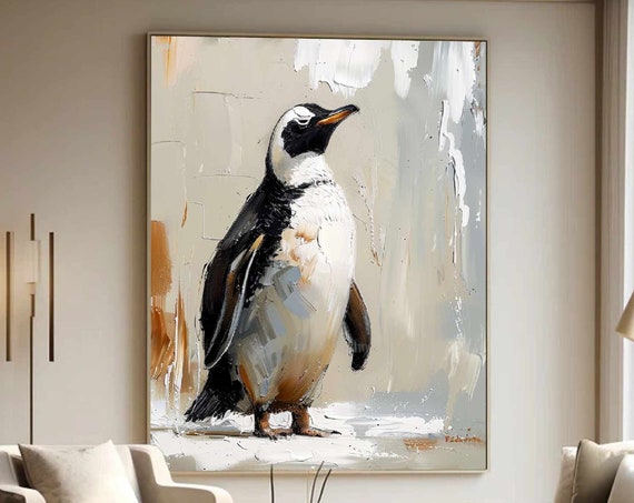 Penguin Abstract Art Modern Living Room Wall Decor Antarctic Penguin Wall Decor Animal Texture Painting Wildlife Wall Decor Beige Wall Art