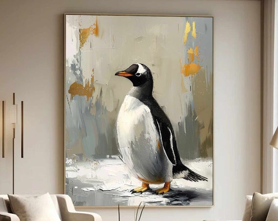 Penguin Abstract Art Modern Living Room Wall Decor Antarctic Penguin Wall Decor Animal Texture Painting Wildlife Wall Decor Beige Wall Art