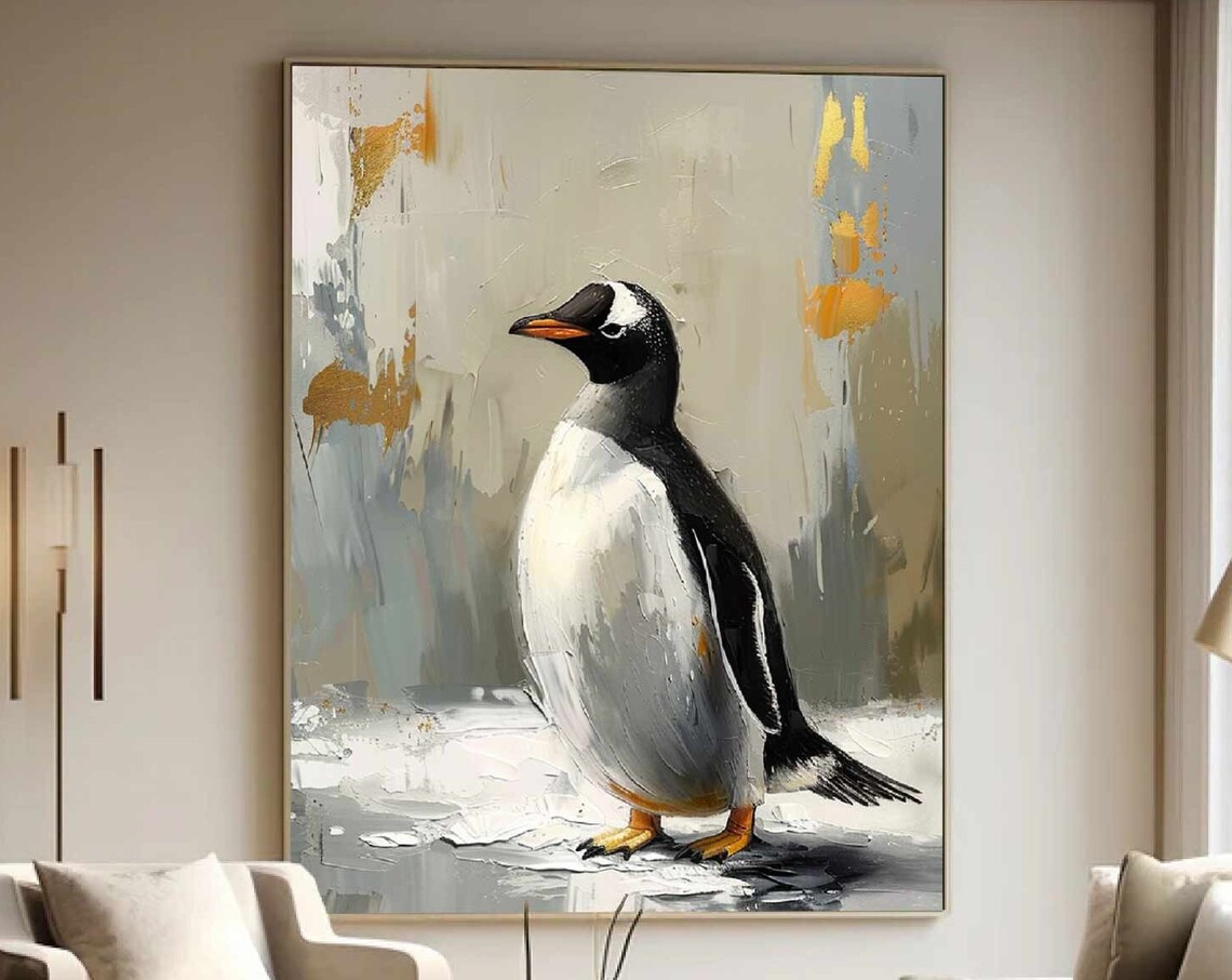 Elegant Penguin With Gold Accents Textured Oil Painting Art Poster