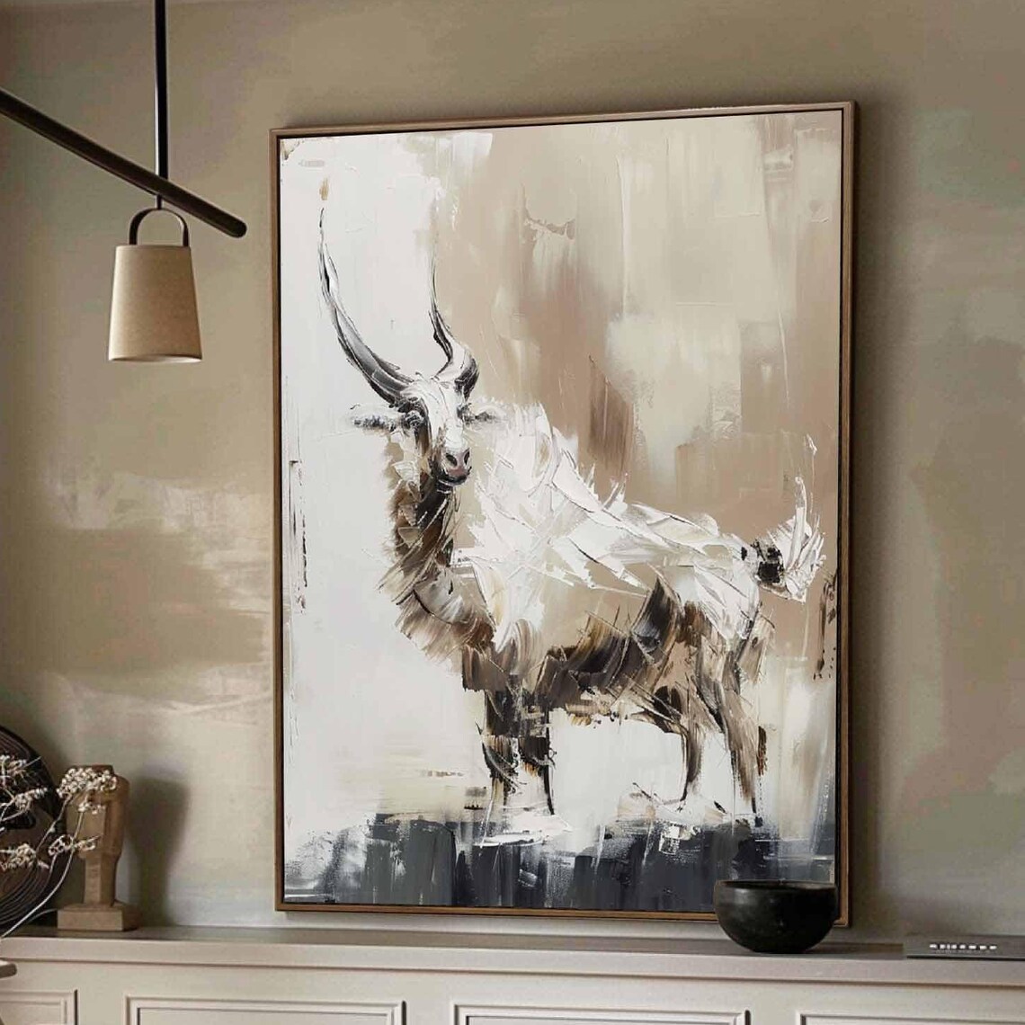 Beige Takin Abstract Horned Animal Painting Minimalist Decor Poster