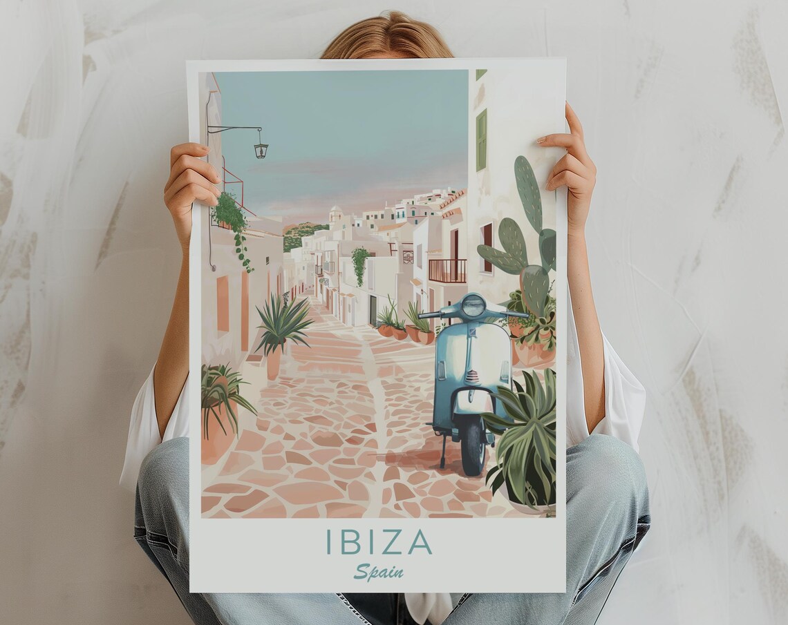 Ibiza Spain Whitewashed Old Town Street Vintage Scooter Poster