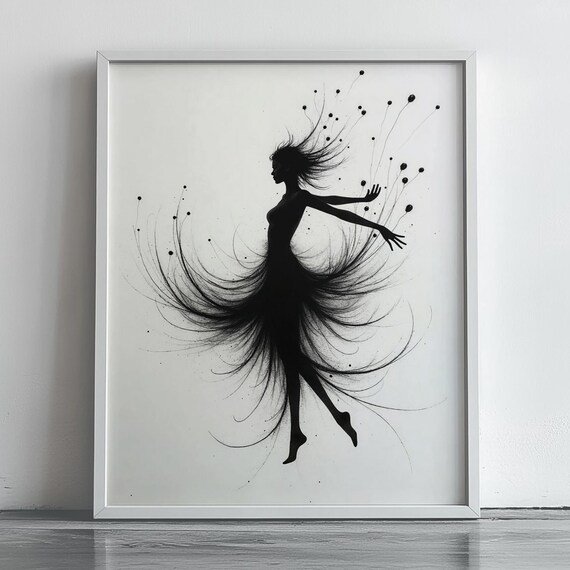 Black Ink Dancer Silhouette Flowing Lines Modern Feminine Art Poster