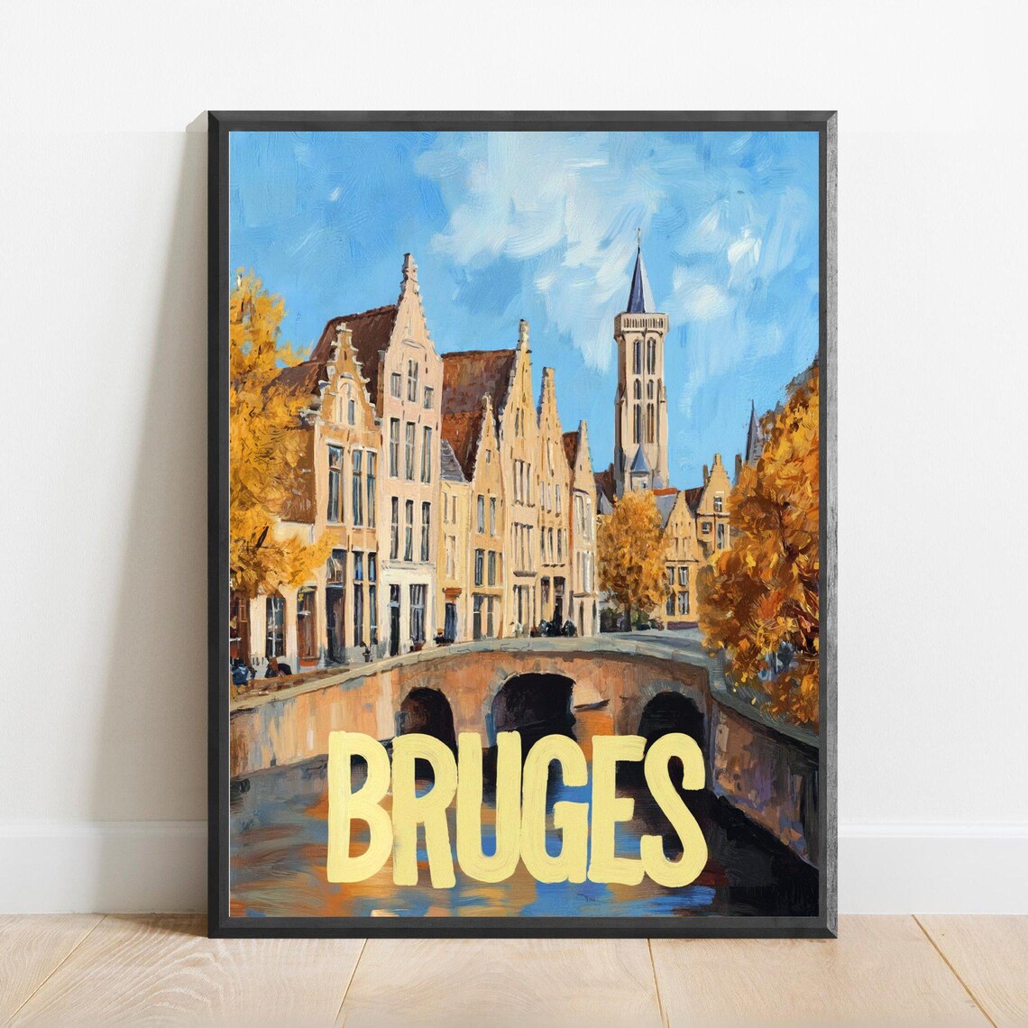 Bruges Autumn Canal With Belfry and Gabled Houses Travel Art Poster