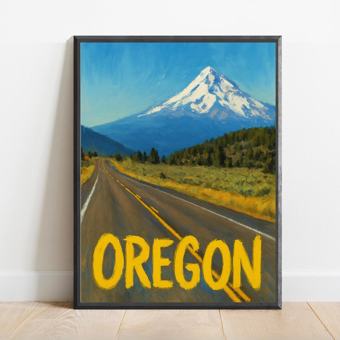 Oregon Open Road to Mount Hood Snow Capped Peak Travel Poster