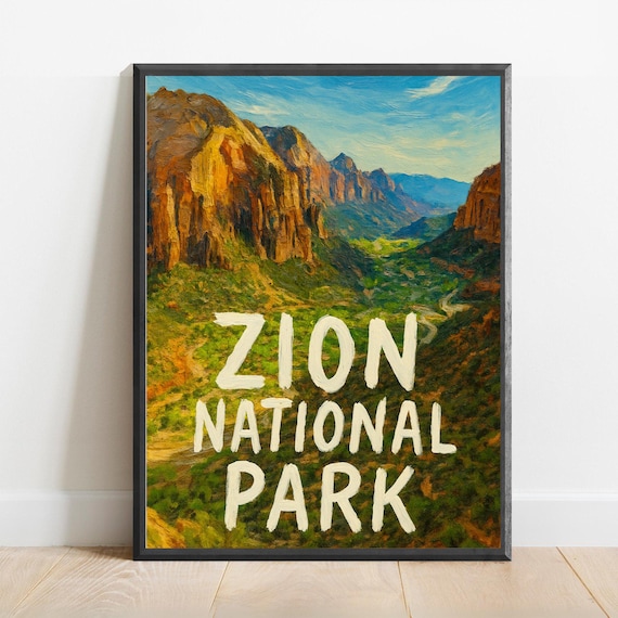 Zion National Park Canyon Vista White Lettering Travel Art Poster