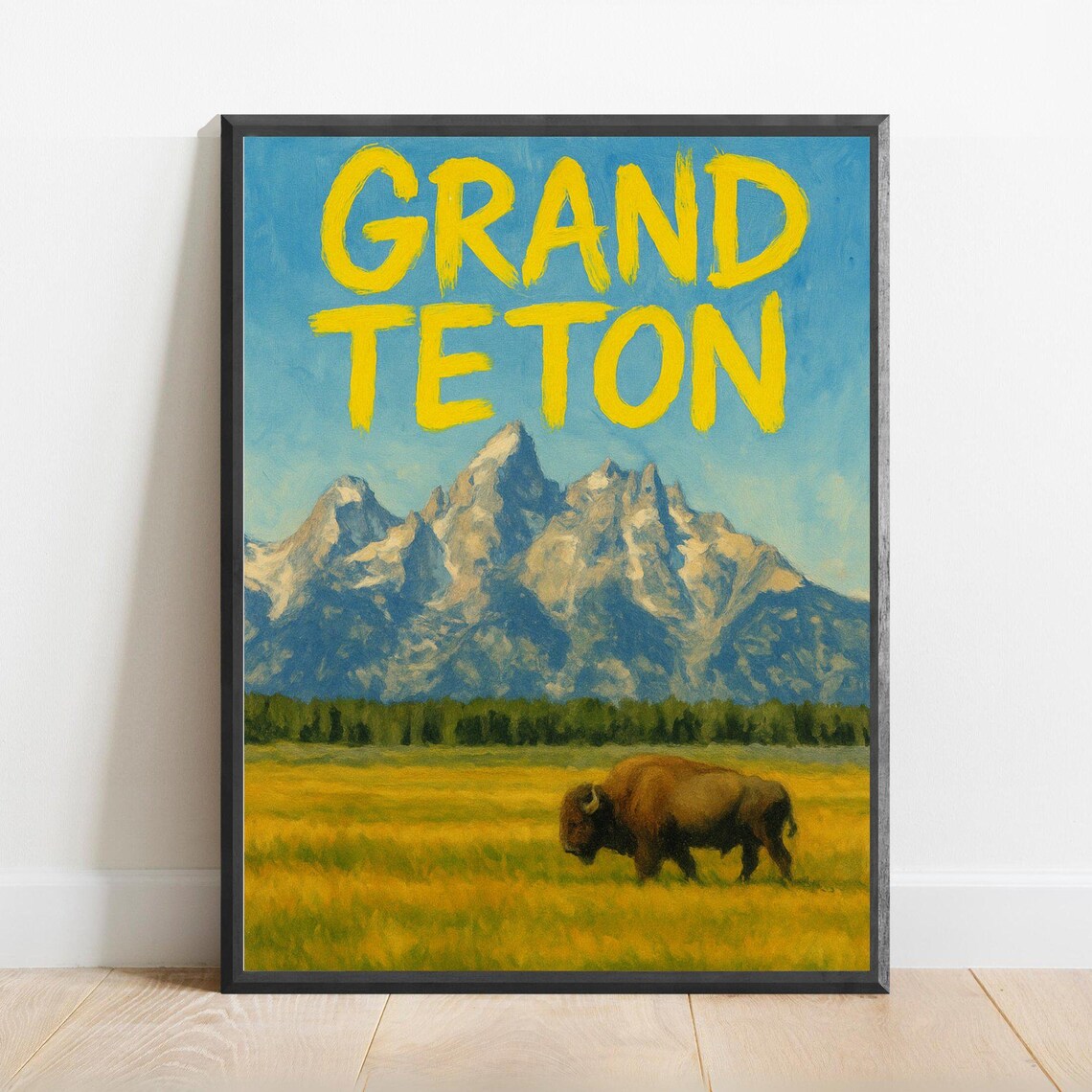 Grand Teton Bison Meadow Watercolor Poster Wyoming National Park Mountain Scenic Art