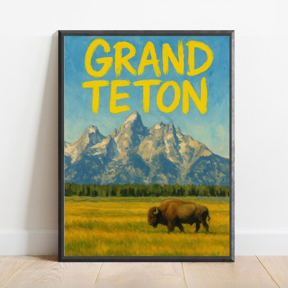 Grand Teton Bison Meadow Watercolor Poster Wyoming National Park Mountain Scenic Art