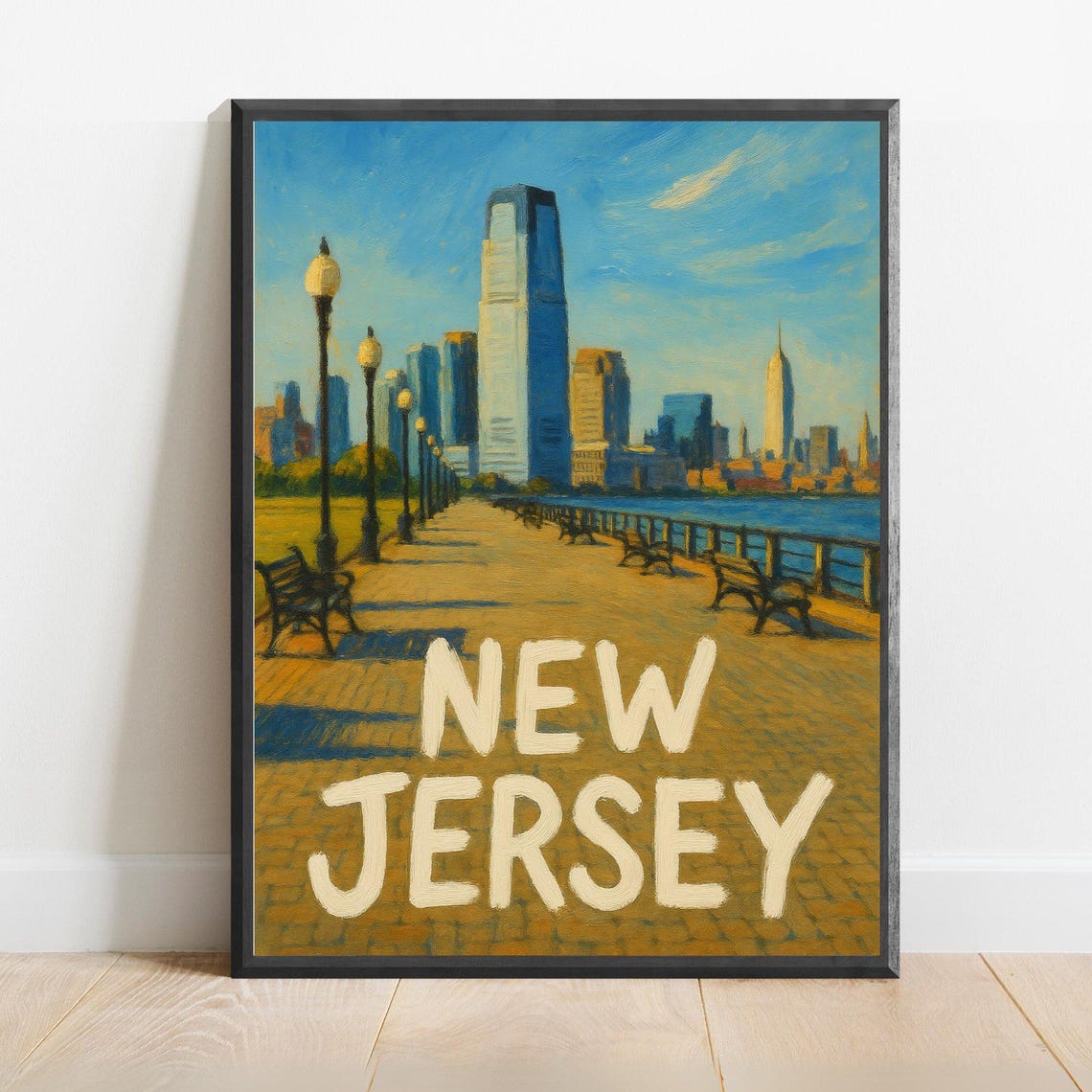 New Jersey Waterfront Promenade Skyline Impressionist Travel Poster