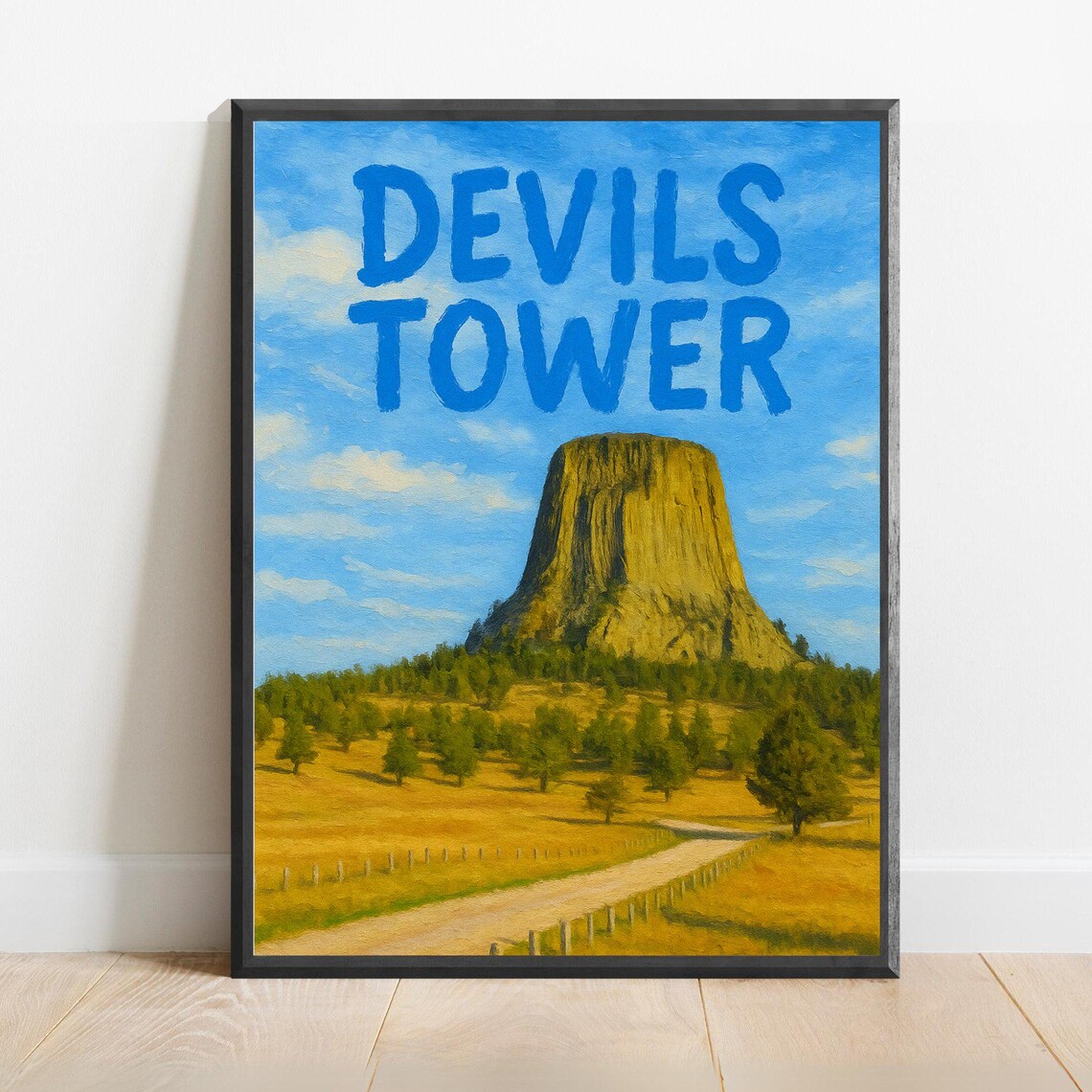 Devils Tower Wyoming Prairie Road Watercolor Travel Poster National Monument Art
