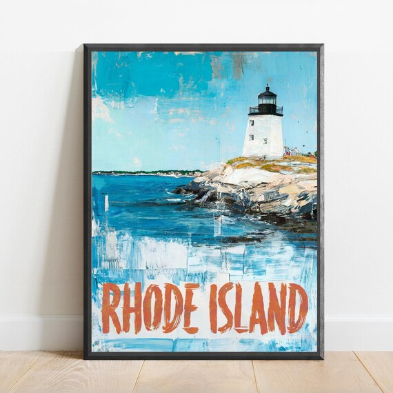 Rhode Island Lighthouse on Rocky Coast Watercolor Travel Poster