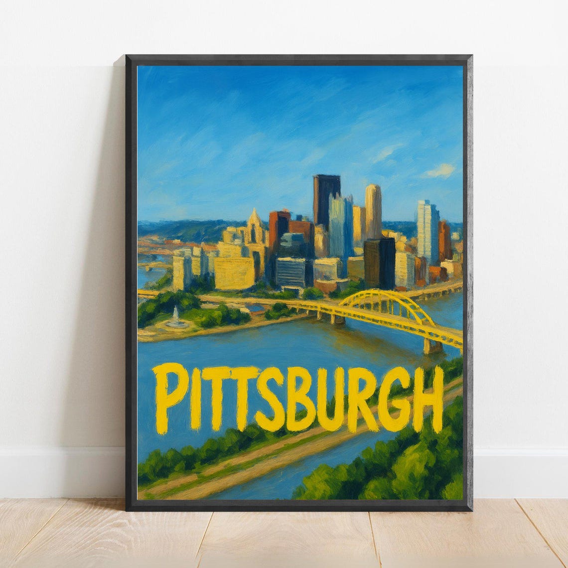 Pittsburgh Golden Triangle Skyline Yellow Bridges Decor Poster