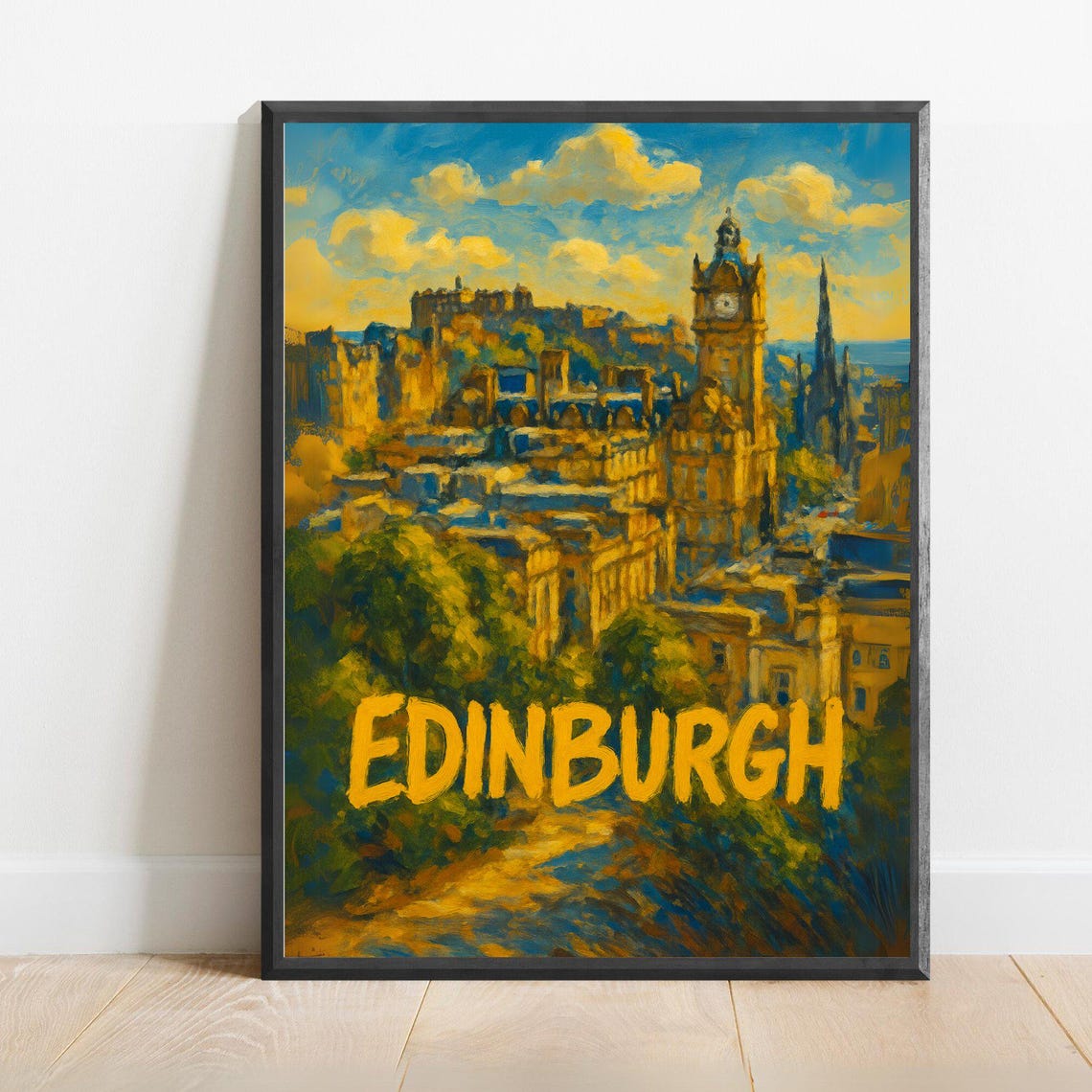 Edinburgh Skyline at Sunset With Castle Clock Tower Travel Art Poster
