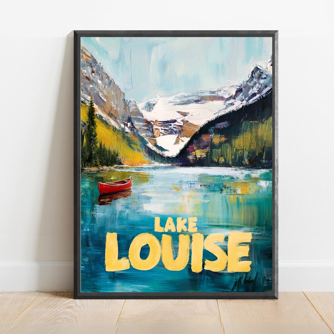 Lake Louise Red Canoe Alpine Lake Sunset Painting Travel Poster