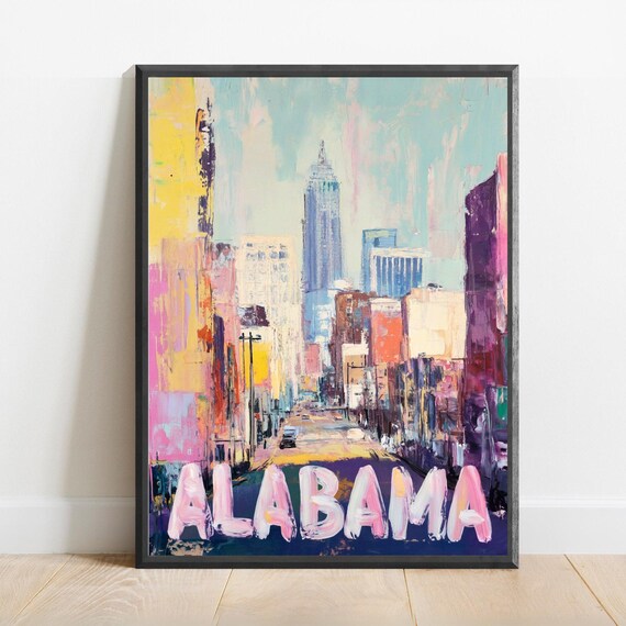 Alabama Downtown City Skyline Colorful Brushstroke Travel Poster