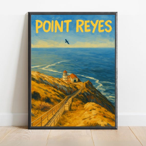 Point Reyes Lighthouse Poster Coastal Wall Art Ocean Bluff Print Vintage Seaside Travel Decor