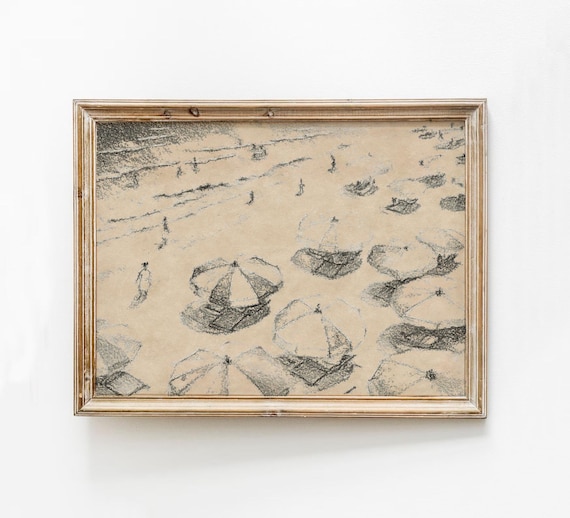 Beige Beach Umbrellas Aerial Neutral Coastal Sketch Wall Art