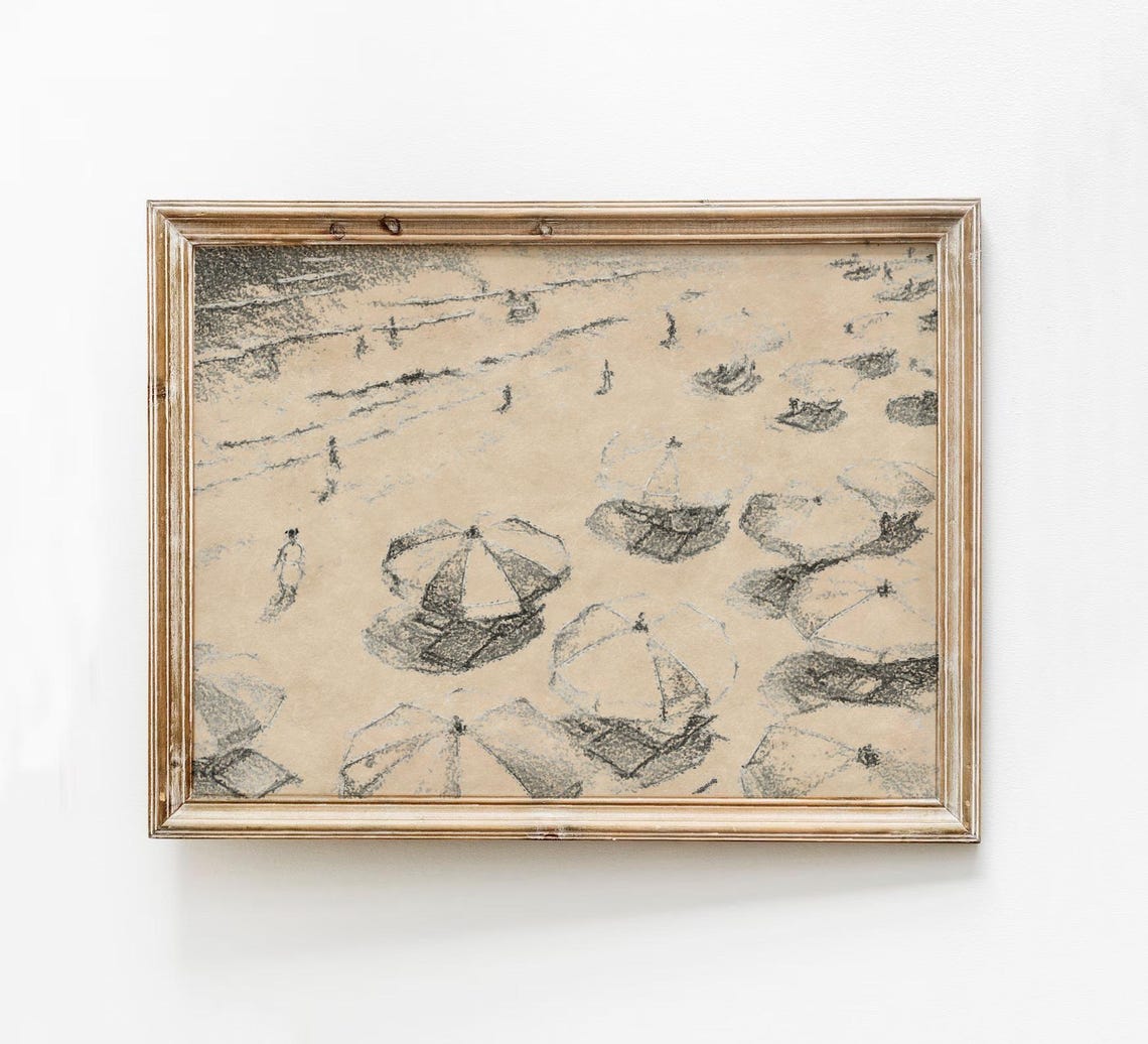Beige Beach Umbrellas Aerial Neutral Coastal Sketch Wall Art