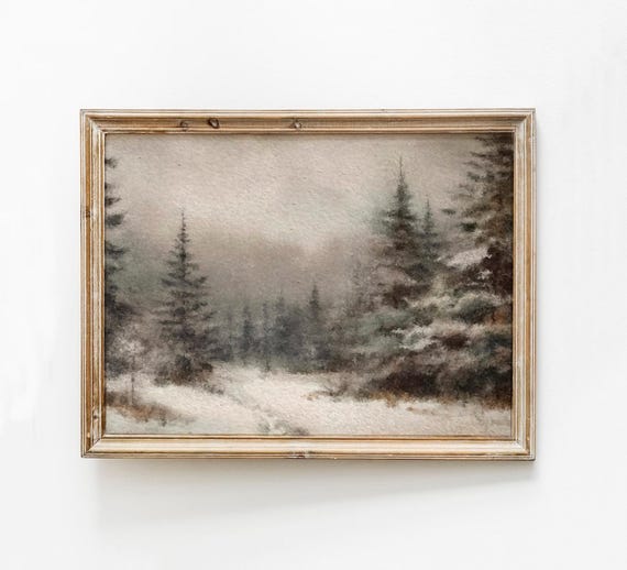 Snowy Pine Trees Landscape Painting Muted Winter Forest Art Moody Vintage Print Tree Field