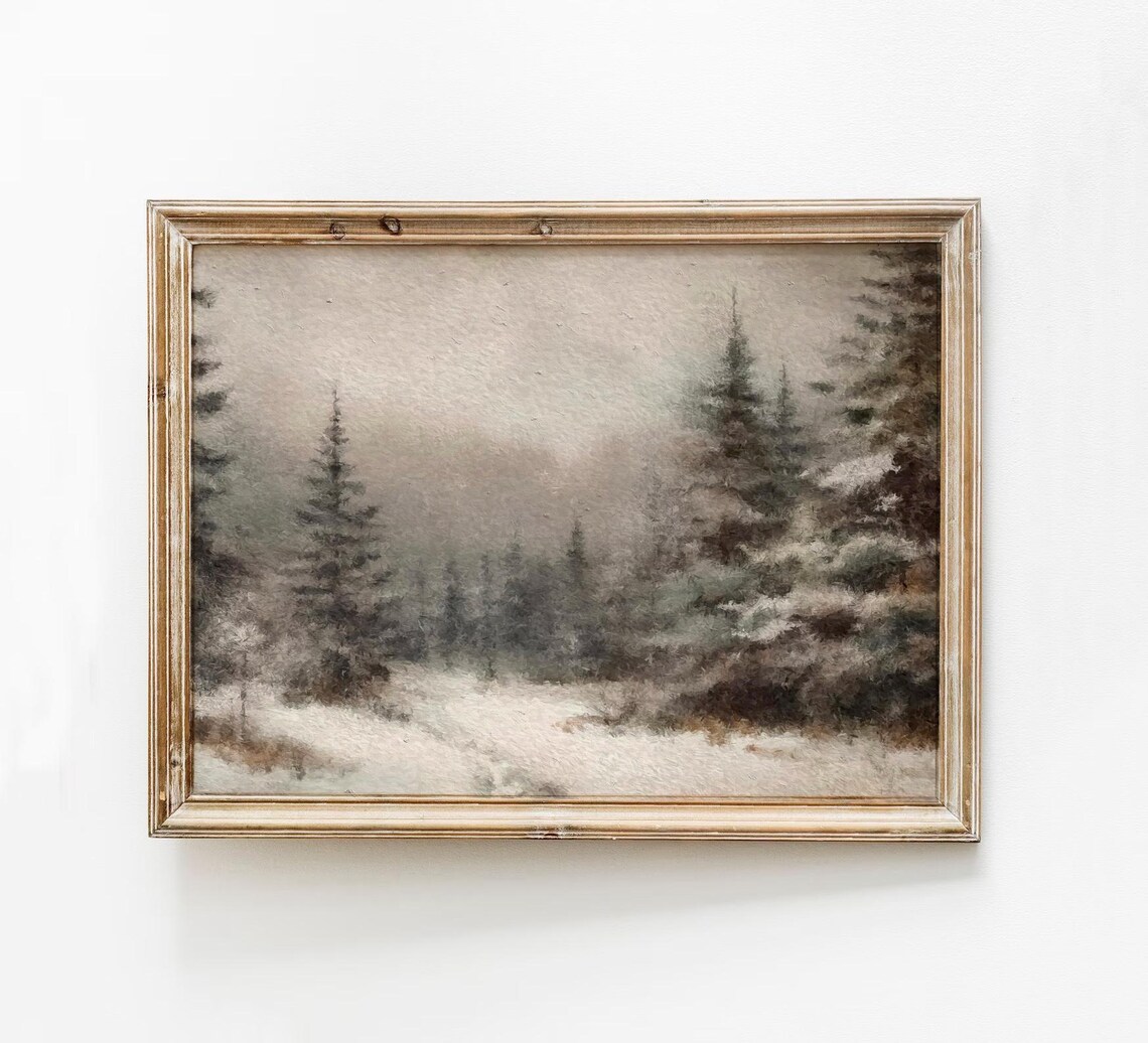 Misty Snowy Pine Forest Soft Muted Winter Landscape Painting Print