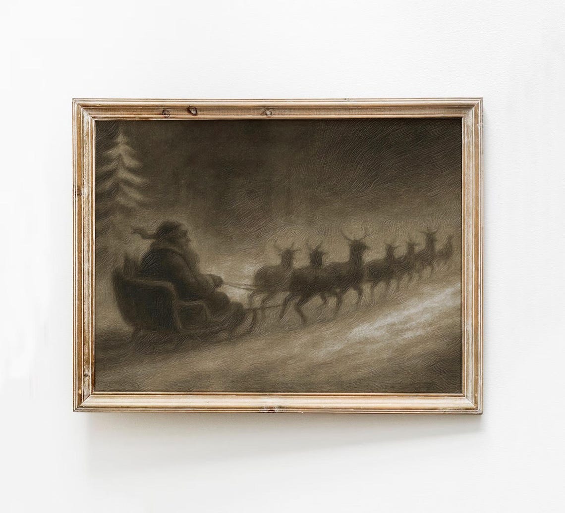 Santa Claus Sleigh With Reindeer Team Snowy Night Painting Print