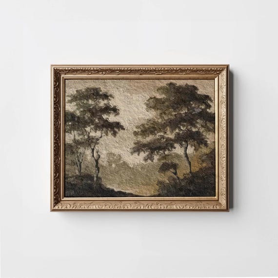 Brown Abstract Landscape Art Moody Neutral Print Forest Watercolor Painting Beige Modern Organic Decor Horizontal Vintage Trees